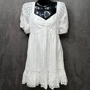 French Connection White Eyelet Cotton Puff Sleeve Mini Dress 71WCY Womens 4